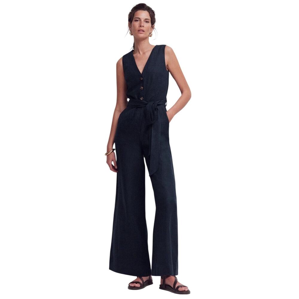 Boden Navy Blue Sleeveless V-Neck Button Jumpsuit